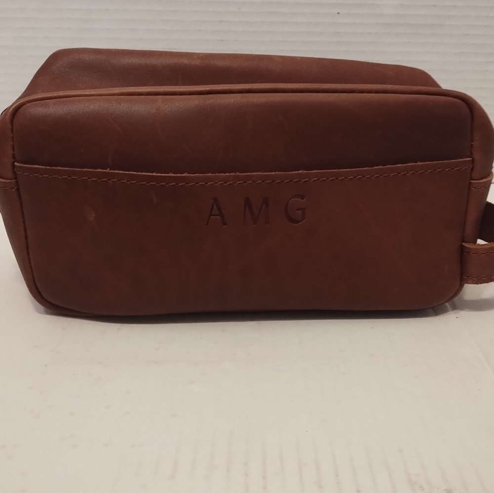 Men's Dopp Kit Travel Toiletry Bag Tan Leather Embroidered AMG Monogram 10x6x4